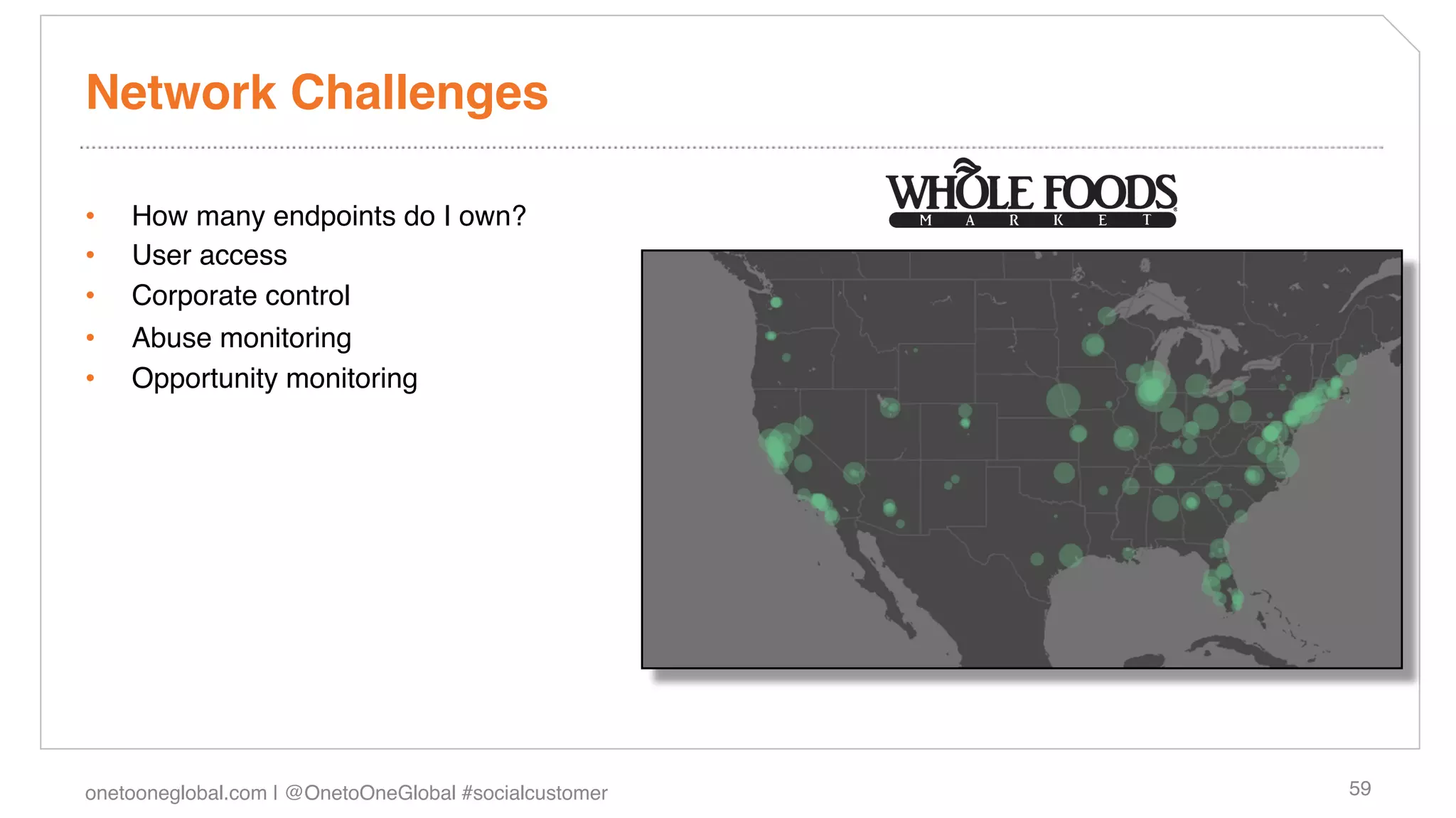 Network Challenges!

•    How many endpoints do I own?!
•    User access!
•    Corporate control!
•    Abuse monitoring!
•    Opportunity monitoring!




onetooneglobal.com | @OnetoOneGlobal #socialcustomer!   59!
 