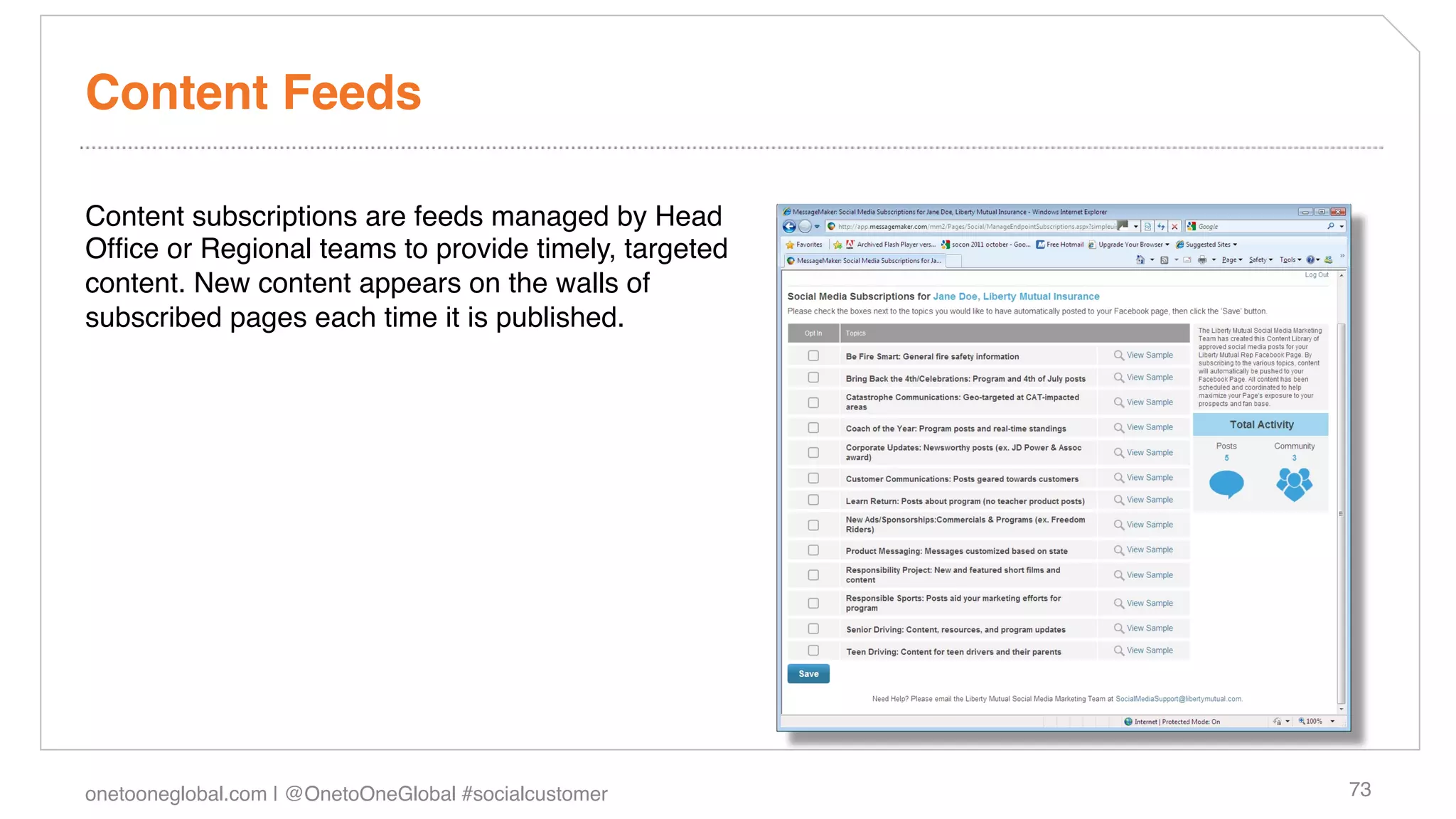 Content Feeds!

Content subscriptions are feeds managed by Head
Ofﬁce or Regional teams to provide timely, targeted
content. New content appears on the walls of
subscribed pages each time it is published. !
!
!




onetooneglobal.com | @OnetoOneGlobal #socialcustomer!   73!
 