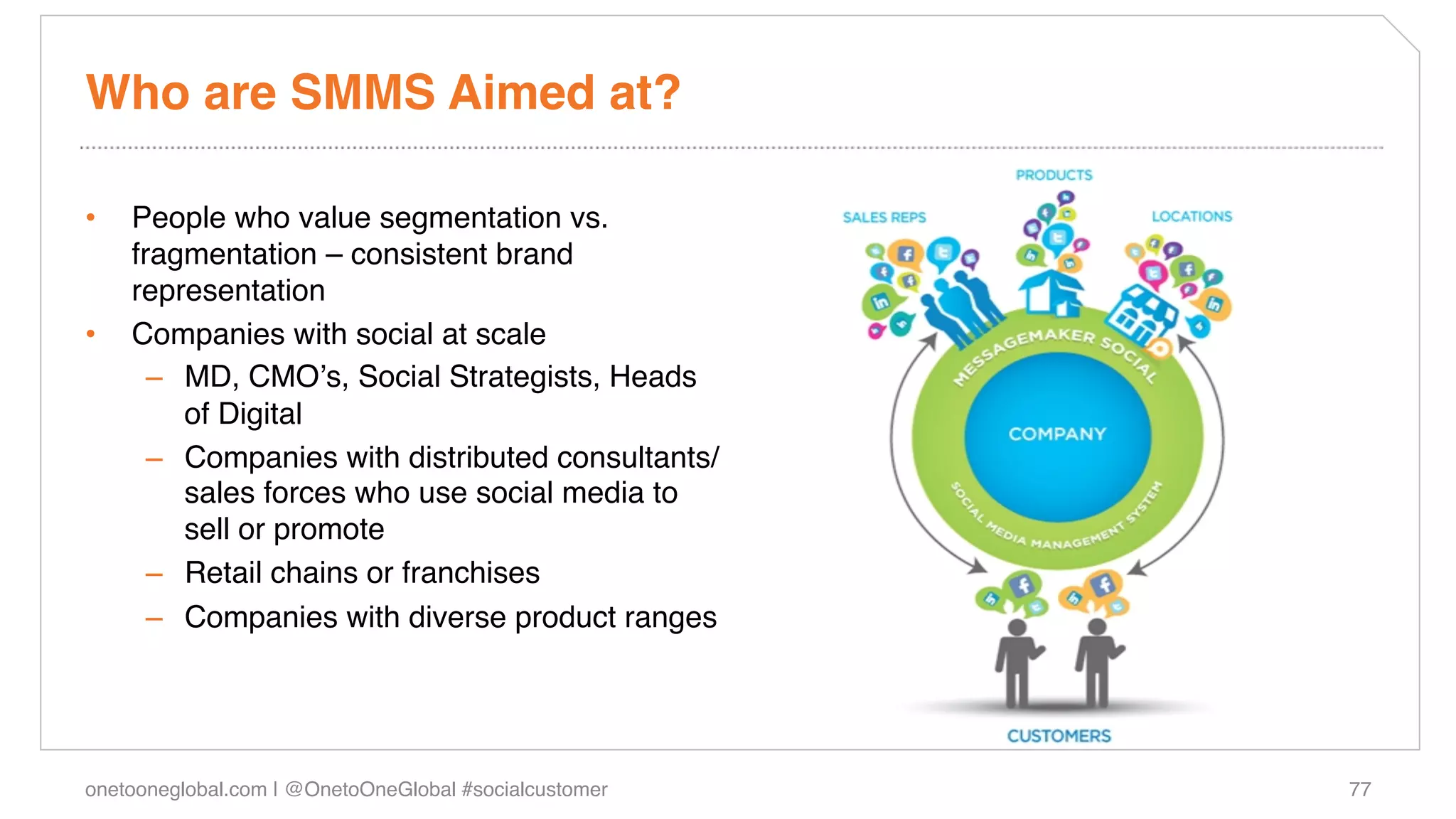 Who are SMMS Aimed at?!

•    People who value segmentation vs.
     fragmentation – consistent brand
     representation!
•    Companies with social at scale!
       –  MD, CMOʼs, Social Strategists, Heads
          of Digital!
       –  Companies with distributed consultants/
          sales forces who use social media to
          sell or promote!
       –  Retail chains or franchises!
       –  Companies with diverse product ranges!




onetooneglobal.com | @OnetoOneGlobal #socialcustomer!   77!
 