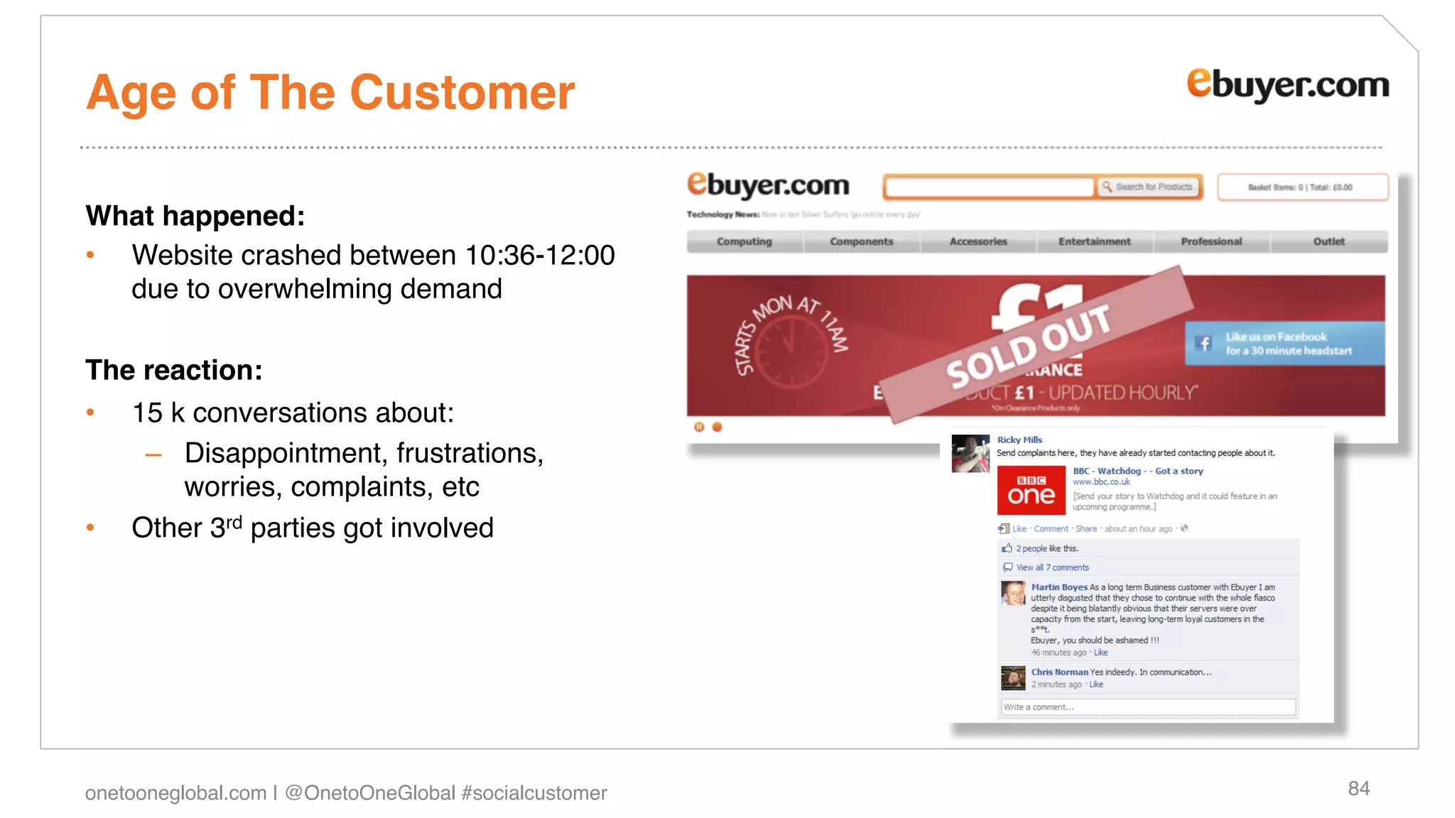 Age of The Customer!

What happened:!
•  Website crashed between 10:36-12:00
   due to overwhelming demand!
!
The reaction:!
•  15 k conversations about:!
    –  Disappointment, frustrations,
       worries, complaints, etc!
•  Other 3rd parties got involved!




onetooneglobal.com | @OnetoOneGlobal #socialcustomer!   84!
 