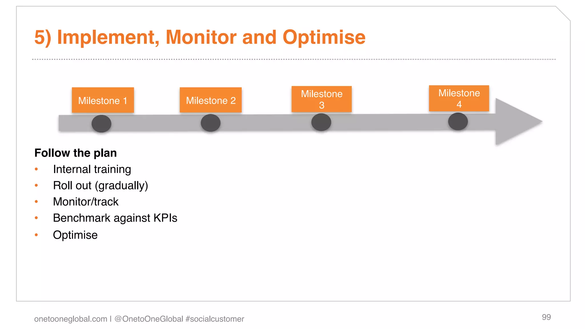 5) Implement, Monitor and Optimise!

                                                        Milestone   Milestone
          Milestone 1!               Milestone 2!           3!          4!


!
Follow the plan!
•  Internal training!
•  Roll out (gradually)!
•  Monitor/track!
•  Benchmark against KPIs!
•  Optimise!

 !


onetooneglobal.com | @OnetoOneGlobal #socialcustomer!                           99!
 