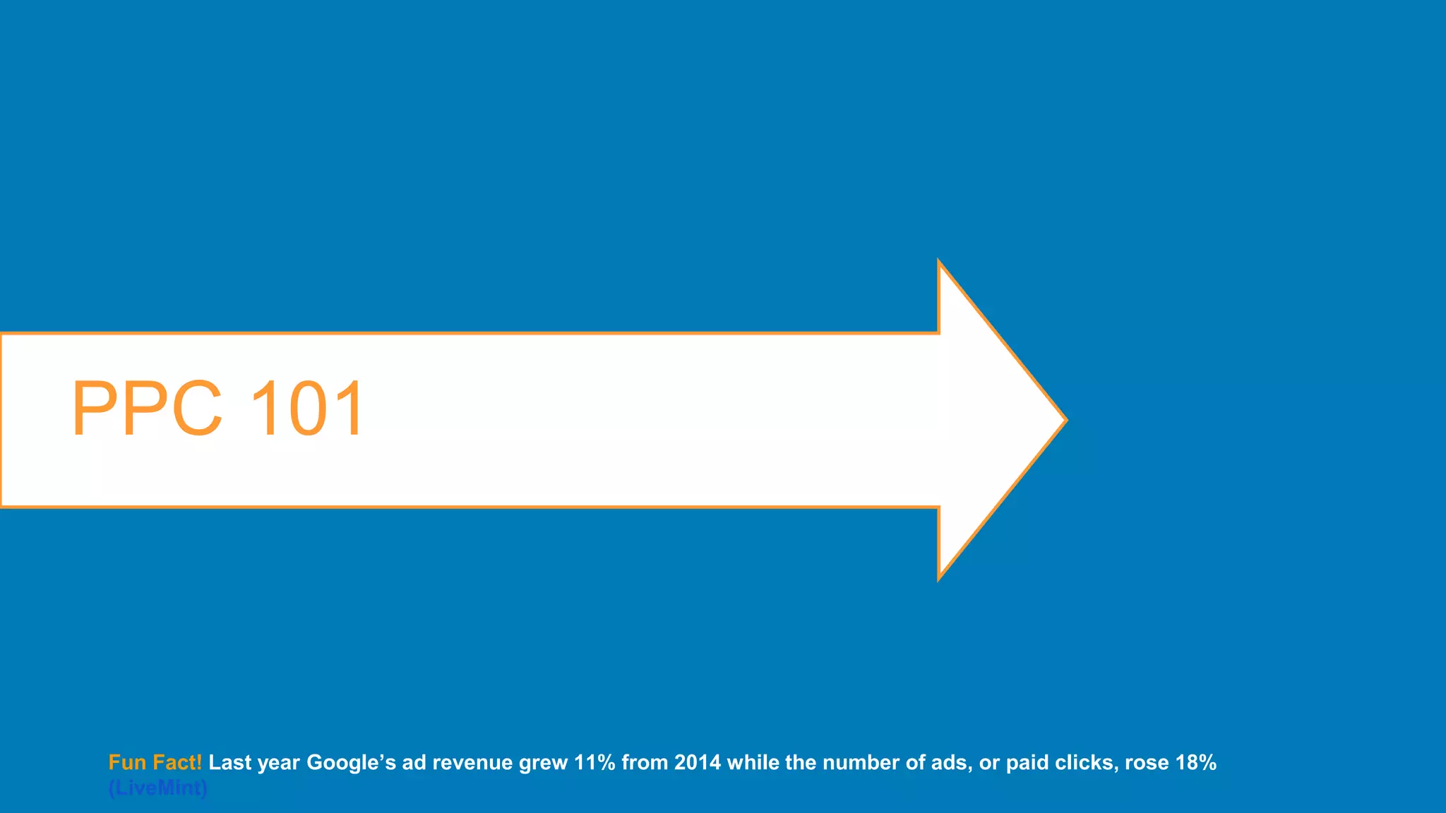 9WordStream Confidential
PPC 101
Fun Fact! Last year Google’s ad revenue grew 11% from 2014 while the number of ads, or paid clicks, rose 18%
(LiveMint)
 