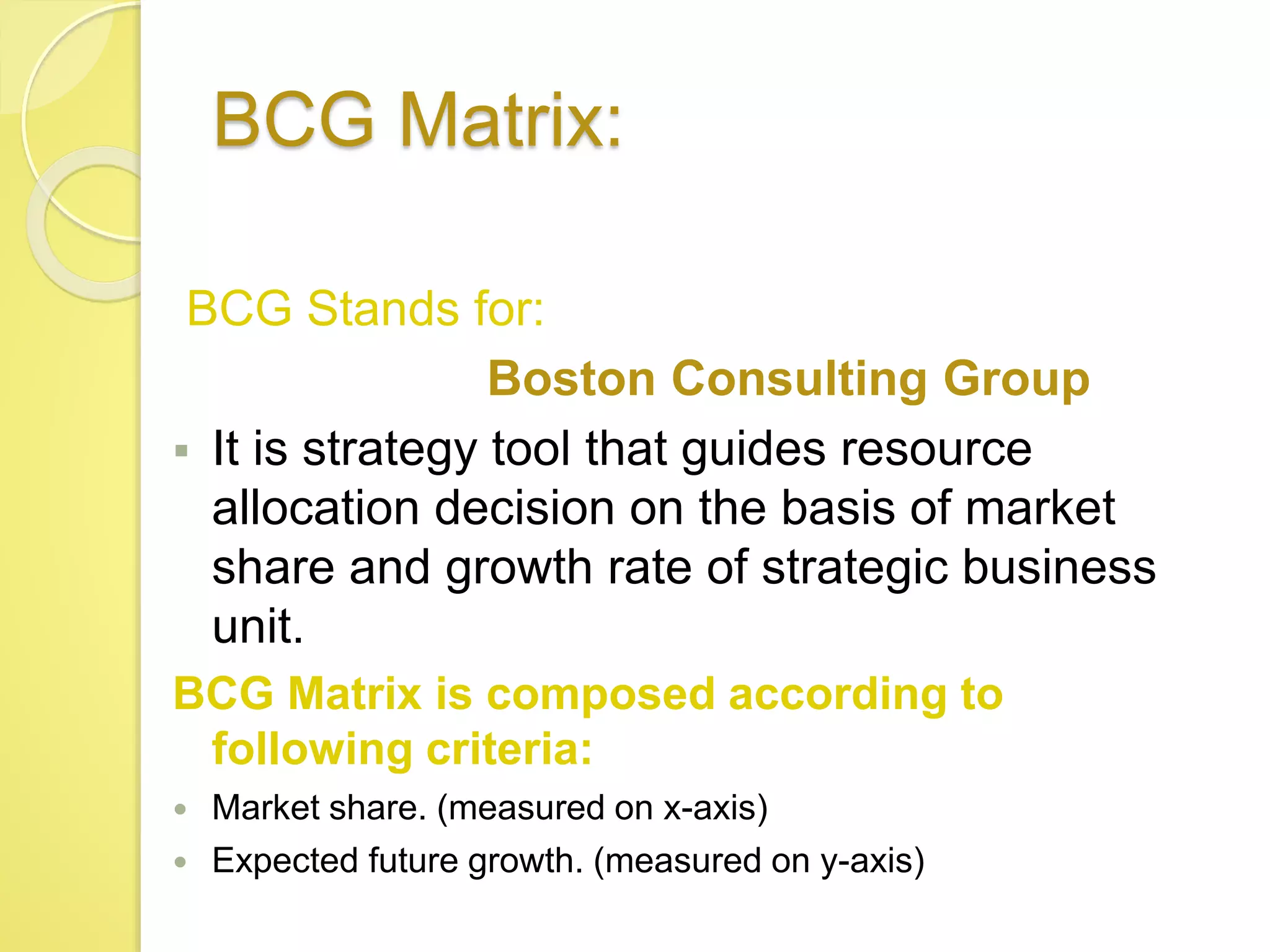 BCG Matrix:
BCG Stands for:
Boston Consulting Group
 It is strategy tool that guides resource
allocation decision on the basis of market
share and growth rate of strategic business
unit.
BCG Matrix is composed according to
following criteria:
 Market share. (measured on x-axis)
 Expected future growth. (measured on y-axis)
 