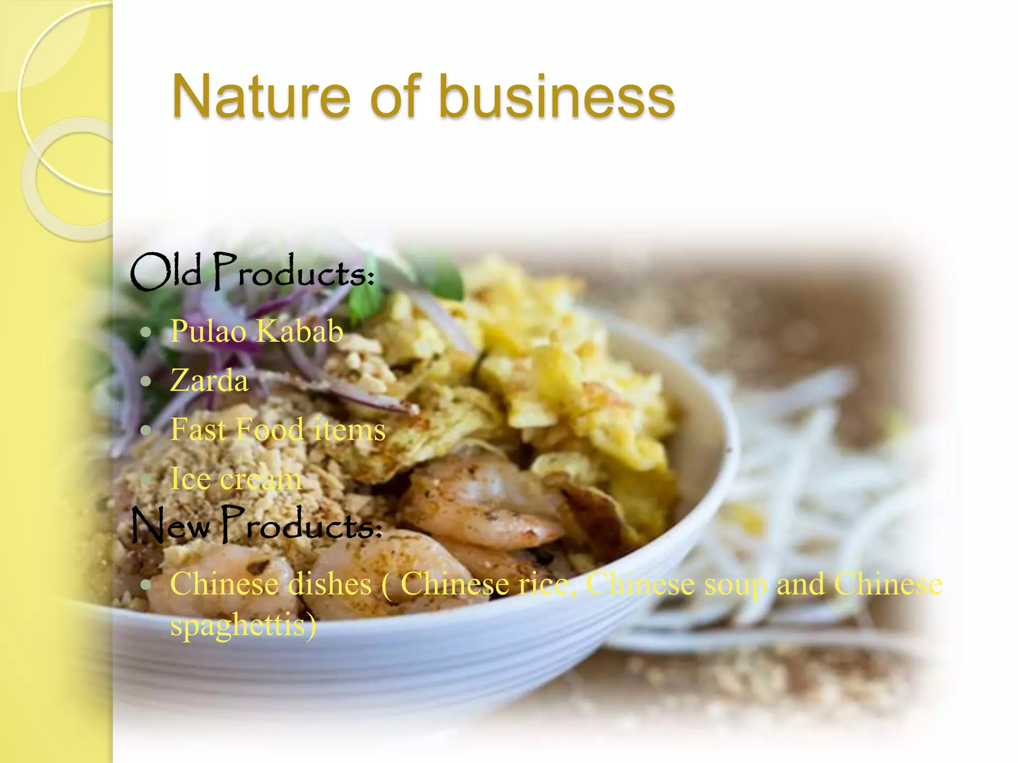 Nature of business
Old Products:
 Pulao Kabab
 Zarda
 Fast Food items
 Ice cream
New Products:
 Chinese dishes ( Chinese rice, Chinese soup and Chinese
spaghettis)
 
