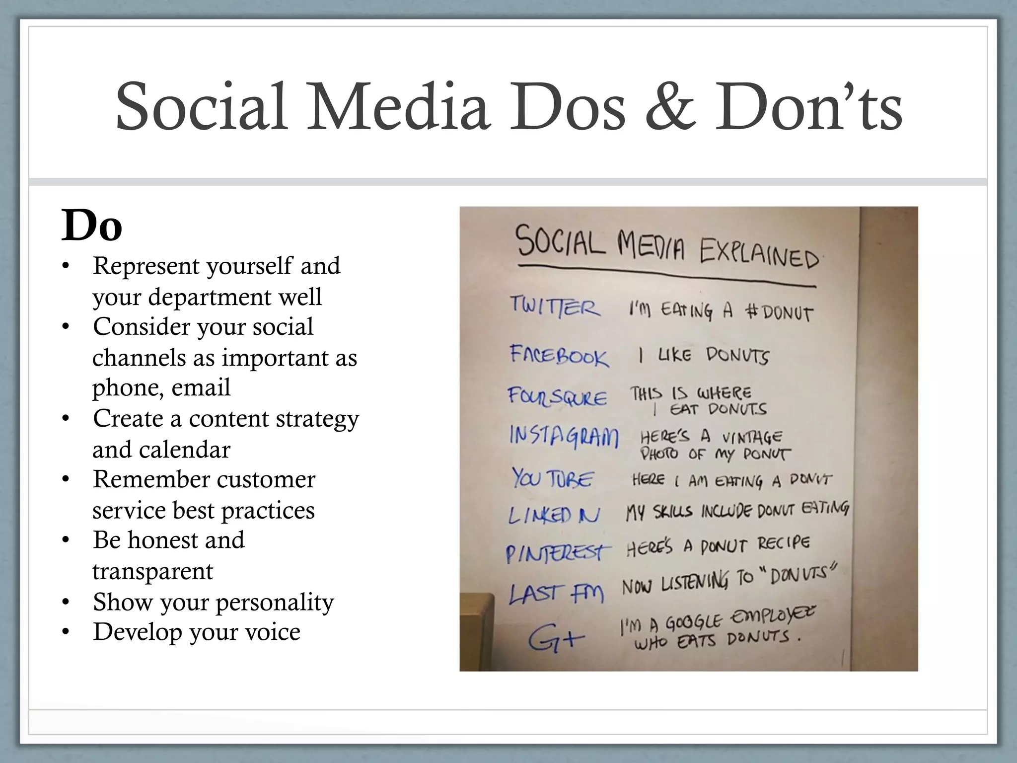 Social Media Dos & Don’ts
Do
•  Represent yourself and
   your department well
•  Consider your social
   channels as important as
   phone, email
•  Create a content strategy
   and calendar
•  Remember customer
   service best practices
•  Be honest and
   transparent
•  Show your personality
•  Develop your voice
 