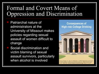 Formal and Covert Means of
Oppression and Discrimination
 Patriarchal nature of
administrators at the
University of Missouri makes
policies regarding sexual
assault of women difficult to
change
 Social discrimination and
victim blaming of sexual
assault survivors, particularly
when alcohol is involved
 