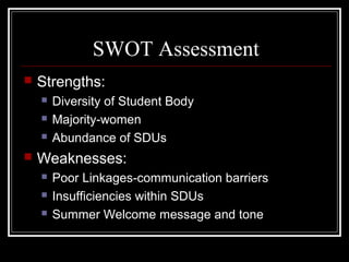 SWOT Assessment
 Strengths:
 Diversity of Student Body
 Majority-women
 Abundance of SDUs
 Weaknesses:
 Poor Linkages-communication barriers
 Insufficiencies within SDUs
 Summer Welcome message and tone
 