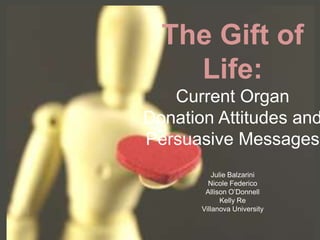 The Gift of Life: Current Organ Donation Attitudes and Persuasive MessagesJulie BalzariniNicole FedericoAllison O’DonnellKelly ReVillanova University 