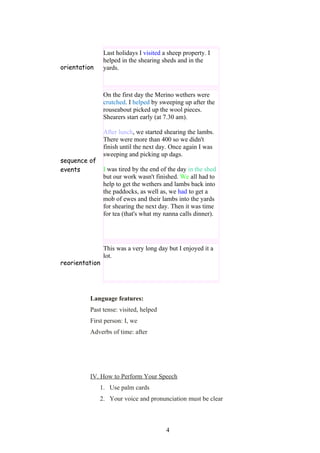 Last holidays I visited a sheep property. I
                helped in the shearing sheds and in the
orientation     yards.



                On the first day the Merino wethers were
                crutched. I helped by sweeping up after the
                rouseabout picked up the wool pieces.
                Shearers start early (at 7.30 am).

                After lunch, we started shearing the lambs.
                There were more than 400 so we didn't
                finish until the next day. Once again I was
                sweeping and picking up dags.
sequence of
events          I was tired by the end of the day in the shed
                but our work wasn't finished. We all had to
                help to get the wethers and lambs back into
                the paddocks, as well as, we had to get a
                mob of ewes and their lambs into the yards
                for shearing the next day. Then it was time
                for tea (that's what my nanna calls dinner).




                This was a very long day but I enjoyed it a
                lot.
reorientation




         Language features:
         Past tense: visited, helped
         First person: I, we
         Adverbs of time: after




         IV. How to Perform Your Speech
              1. Use palm cards
              2. Your voice and pronunciation must be clear



                                         4
 