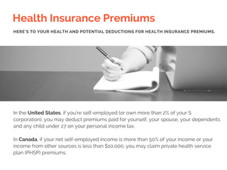 Health Insurance Premiums
In the United States, if you’re self-employed (or own more than 2% of your S
corporation), you may deduct premiums paid for yourself, your spouse, your dependents
and any child under 27 on your personal income tax.
In Canada, if your net self-employed income is more than 50% of your income or your
income from other sources is less than $10,000, you may claim private health service
plan (PHSP) premiums.
HERE’S TO YOUR HEALTH AND POTENTIAL DEDUCTIONS FOR HEALTH INSURANCE PREMIUMS.
 