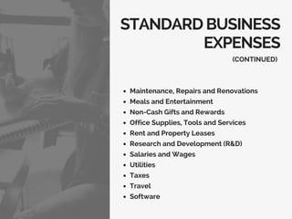 STANDARD BUSINESS
EXPENSES
Maintenance, Repairs and Renovations
Meals and Entertainment
Non-Cash Gifts and Rewards
Office Supplies, Tools and Services
Rent and Property Leases
Research and Development (R&D)
Salaries and Wages
Utilities
Taxes
Travel
Software
(CONTINUED)
 