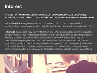Interest
In the United States, you may deduct the interest paid on funds borrowed for
investment purposes. You may also deduct interest from business loans and credit cards.
In Canada, businesses may claim interest on any funds borrowed for business purposes.
You may deduct fees for reducing interest rates or early payment as a prepaid expense.
Standby charges, guarantee fees, service fees or any other similar fees may be
deducted in the year you incur them. You may deduct interest paid on a loan made
against an insurance policy, as long as the interest you isn’t paid to the policy’s adjusted
cost base. Interest on property improvement loans is capitalized over five years and
there are limits on the interest you can deduct for personal vehicle loans or vacant land.
INTEREST ON ANY LOANS USED SPECIFICALLY FOR YOUR BUSINESS IS DEDUCTIBLE.
HOWEVER, YOU WILL NEED TO ENSURE THAT YOU HAVE RECORDS PROVING BUSINESS USE.
 