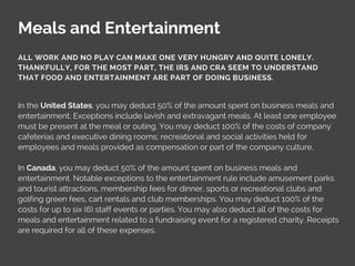 Meals and Entertainment
In the United States, you may deduct 50% of the amount spent on business meals and
entertainment. Exceptions include lavish and extravagant meals. At least one employee
must be present at the meal or outing. You may deduct 100% of the costs of company
cafeterias and executive dining rooms; recreational and social activities held for
employees and meals provided as compensation or part of the company culture.
In Canada, you may deduct 50% of the amount spent on business meals and
entertainment. Notable exceptions to the entertainment rule include amusement parks
and tourist attractions, membership fees for dinner, sports or recreational clubs and
golfing green fees, cart rentals and club memberships. You may deduct 100% of the
costs for up to six (6) staff events or parties. You may also deduct all of the costs for
meals and entertainment related to a fundraising event for a registered charity. Receipts
are required for all of these expenses.
ALL WORK AND NO PLAY CAN MAKE ONE VERY HUNGRY AND QUITE LONELY.
THANKFULLY, FOR THE MOST PART, THE IRS AND CRA SEEM TO UNDERSTAND
THAT FOOD AND ENTERTAINMENT ARE PART OF DOING BUSINESS.
 