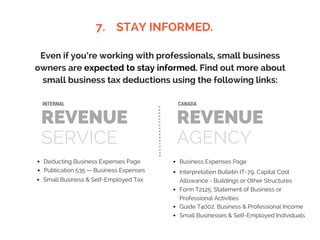 7. STAY INFORMED.
Even if you’re working with professionals, small business
owners are expected to stay informed. Find out more about
small business tax deductions using the following links:
REVENUE
SERVICE
INTERNAL
REVENUE
AGENCY
CANADA
Deducting Business Expenses Page
Publication 535 — Business Expenses
Small Business & Self-Employed Tax
Business Expenses Page
Interpretation Bulletin IT-79, Capital Cost
Allowance - Buildings or Other Structures
Form T2125, Statement of Business or
Professional Activities
Guide T4002, Business & Professional Income
Small Businesses & Self-Employed Individuals
 