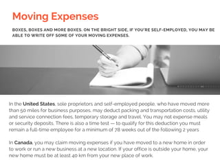 Moving Expenses
In the United States, sole proprietors and self-employed people, who have moved more
than 50 miles for bus...