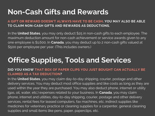 Non-Cash Gifts and Rewards
Office Supplies, Tools and Services
In the United States, you may only deduct $25 in non-cash g...
