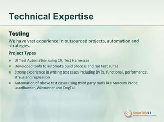 Technical ExpertiseApplication Development SmarTek21 executed projects successfully adopting project methodologies based on clients specifications / requirements following both Waterfall and recursive/Iterative approaches.Recent ProjectsDeveloped Single sign-on Web based user and Account Management System using .NET 2.0 (C#, SQL Server), Web Services, WSE 3.0, SAML AuthenticationCRM Application Development for Contact Management / Avatar Management implementing Web 2.0 UI Rich features (ASP.NET, C#, Ajax, Web Parts, Silver Light)Social Networking / Community Sites Development for kids implementing Dot Net Nuke, C# and SQL ServerProduct Realization – Converting Specs to Prototypes to Live Product.