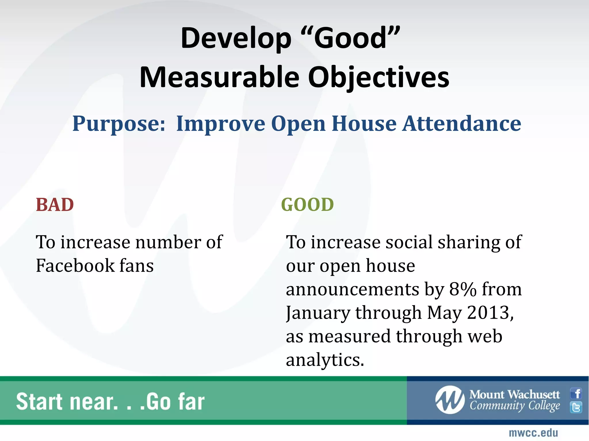 Develop “Good”
           Measurable Objectives
    Purpose: Improve Open House Attendance


BAD                     GOOD
To increase number of   To increase social sharing of
Facebook fans           our open house
                        announcements by 8% from
                        January through May 2013,
                        as measured through web
                        analytics.
 