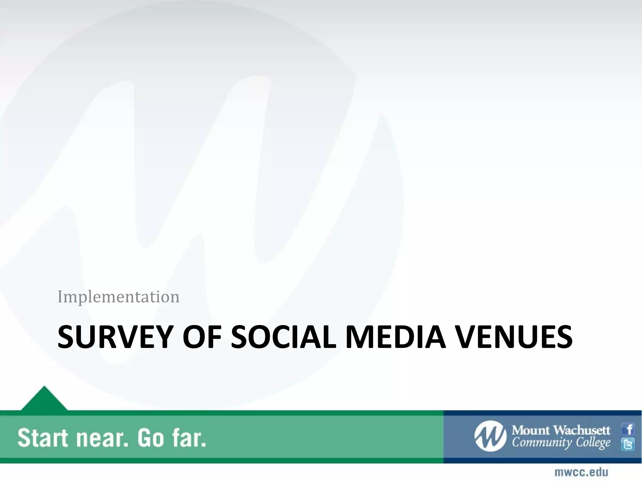 Implementation

SURVEY OF SOCIAL MEDIA VENUES
 
