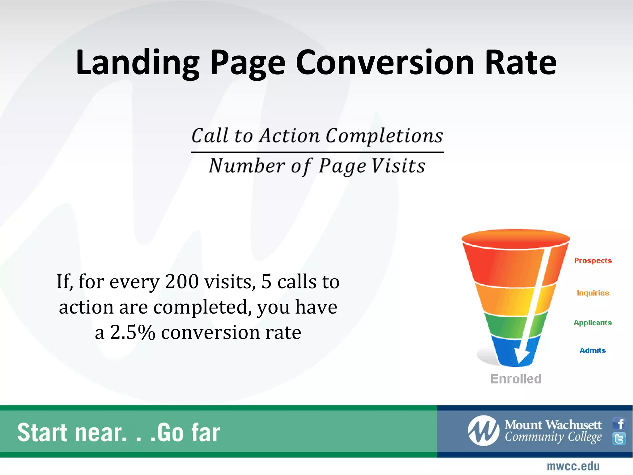 Landing Page Conversion Rate




If, for every 200 visits, 5 calls to
action are completed, you have
      a 2.5% conversion rate
 