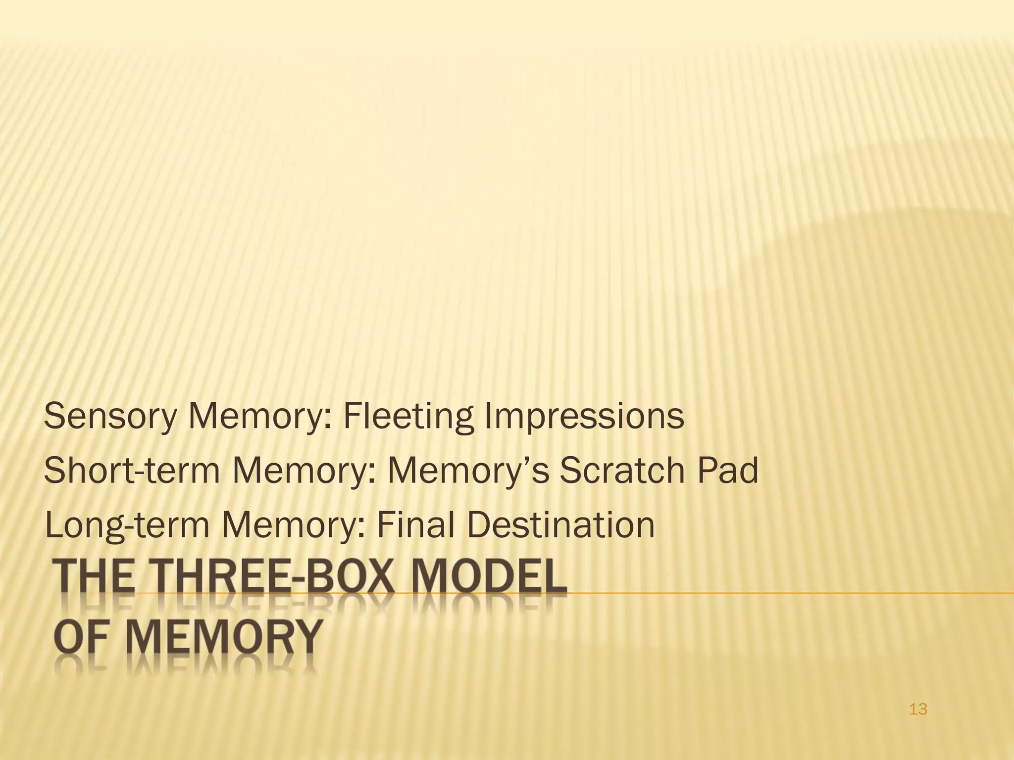 Sensory Memory: Fleeting Impressions Short-term Memory: Memory’s Scratch Pad Long-term Memory: Final Destination 