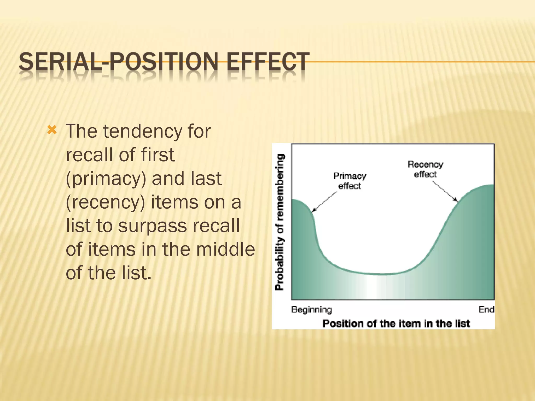 The tendency for recall of first (primacy) and last (recency) items on a list to surpass recall of items in the middle of the list. 