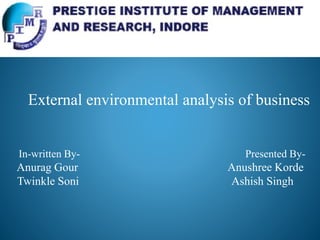 External environmental analysis of business
In-written By- Presented By-
Anurag Gour Anushree Korde
Twinkle Soni Ashish Singh
 
