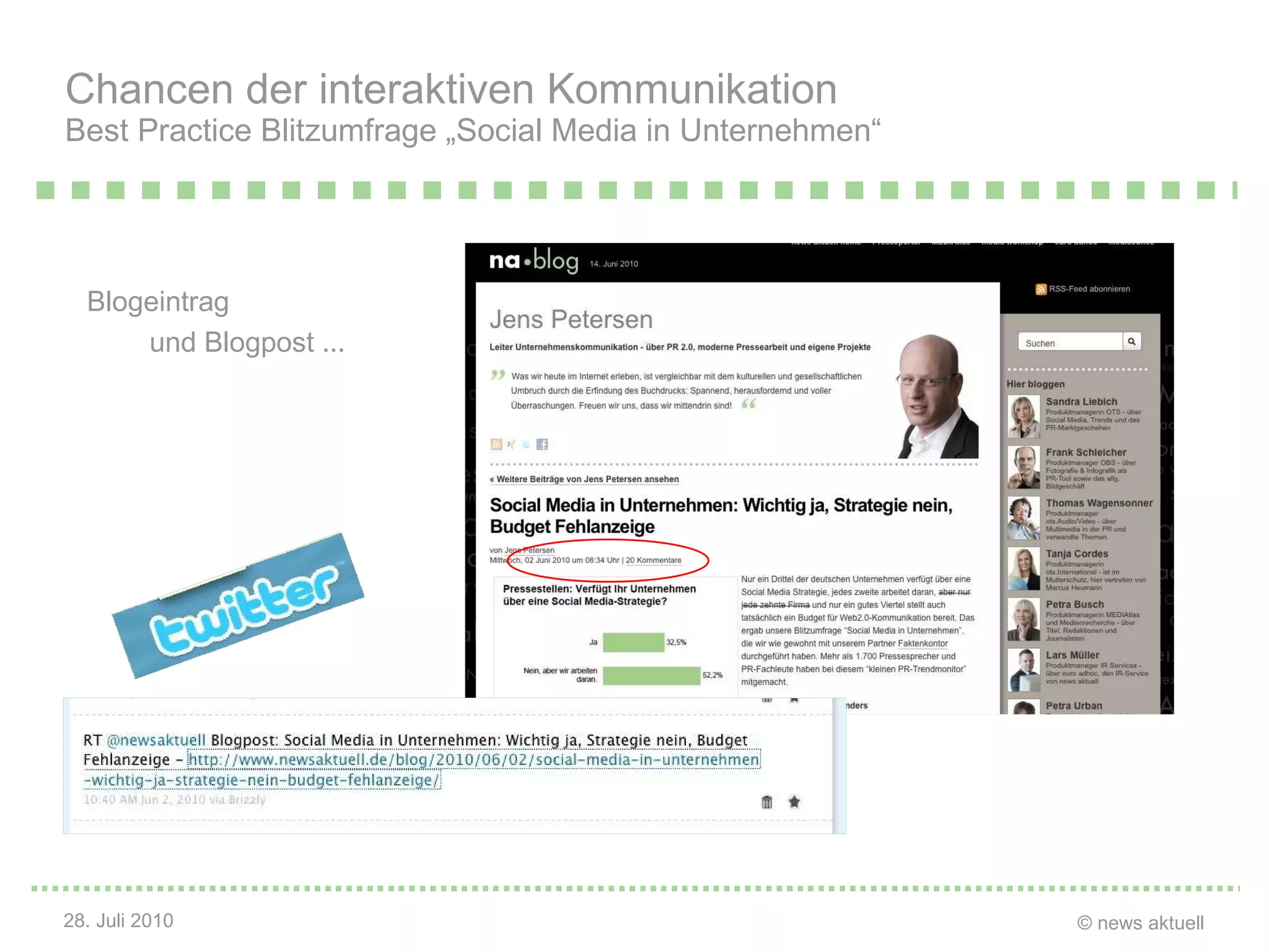 Blogeintrag  und Blogpost ...   Chancen der interaktiven Kommunikation Best Practice Blitzumfrage „Social Media in Unternehmen“ 