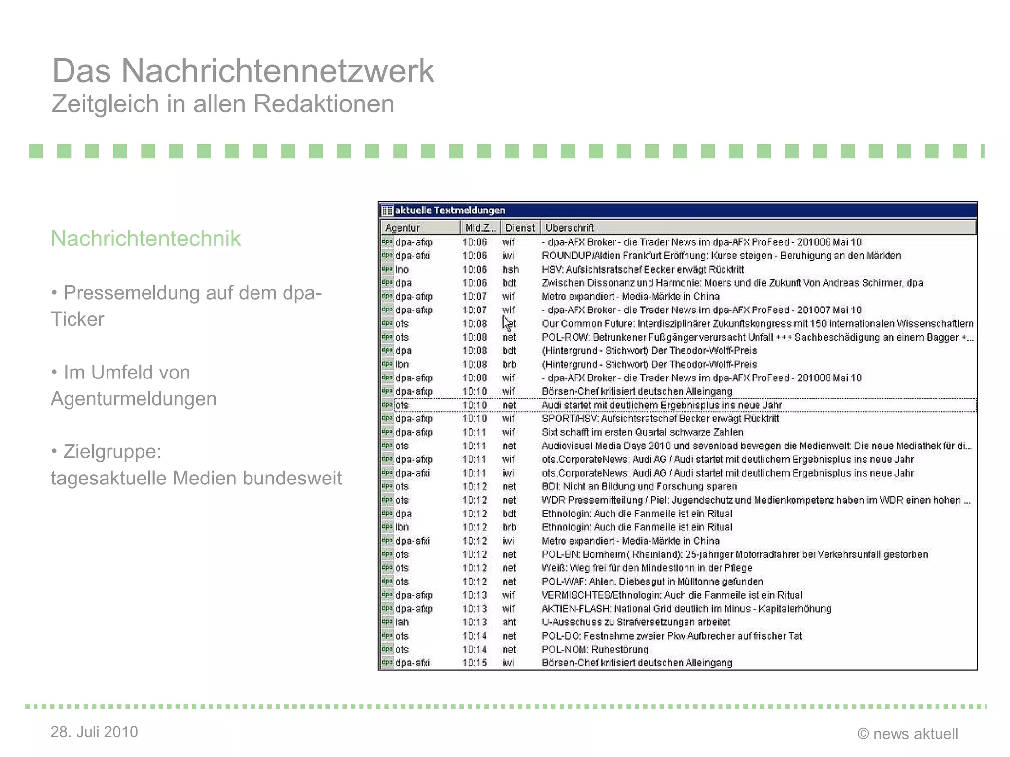 Das Nachrichtennetzwerk  Zeitgleich in allen Redaktionen Nachrichtentechnik Pressemeldung auf dem dpa-Ticker Im Umfeld von Agenturmeldungen Zielgruppe:  tagesaktuelle Medien bundesweit 