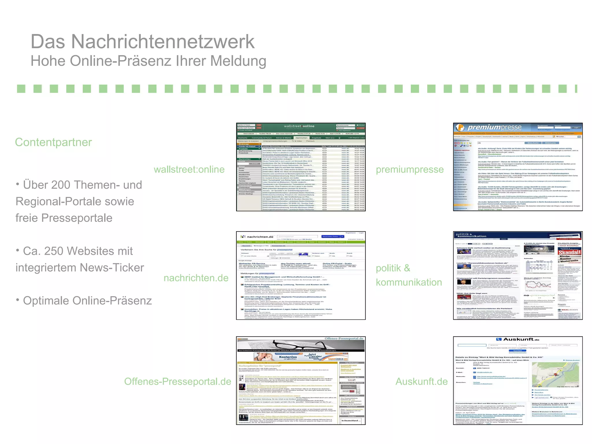 Contentpartner Das Nachrichtennetzwerk  Hohe Online-Präsenz Ihrer Meldung   premiumpresse politik & kommunikation Auskunft.de wallstreet:online nachrichten.de Offenes-Presseportal.de Über 200 Themen- und  Regional-Portale sowie  freie Presseportale Ca. 250 Websites mit  integriertem News-Ticker Optimale Online-Präsenz 