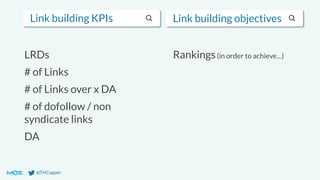 @THCapper
Link building KPIs Link building objectives
LRDs
# of Links
# of Links over x DA
# of dofollow / non
syndicate links
DA
Rankings(in order to achieve…)
 