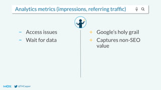 @THCapper
Analytics metrics (impressions, referring trafﬁc)
− Access issues
− Wait for data
+ Google’s holy grail
+ Captures non-SEO
value
 