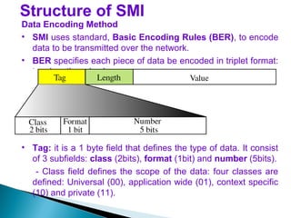 Structure of SMI
Data Encoding Method
• SMI uses standard, Basic Encoding Rules (BER), to encode
data to be transmitted over the network.
• BER specifies each piece of data be encoded in triplet format:
tag, length and value.
• Tag: it is a 1 byte field that defines the type of data. It consist
of 3 subfields: class (2bits), format (1bit) and number (5bits).
- Class field defines the scope of the data: four classes are
defined: Universal (00), application wide (01), context specific
(10) and private (11).
 
