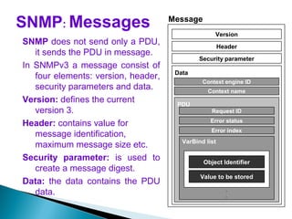 SNMP: Messages
SNMP does not send only a PDU,
it sends the PDU in message.
In SNMPv3 a message consist of
four elements: version, header,
security parameters and data.
Version: defines the current
version 3.
Header: contains value for
message identification,
maximum message size etc.
Security parameter: is used to
create a message digest.
Data: the data contains the PDU
data.
PDU
Request ID
Error status
Error index
VarBind list
.
.
Object Identifier
Value to be stored
Data
Context engine ID
Context name
Security parameter
Version
Header
Message
 