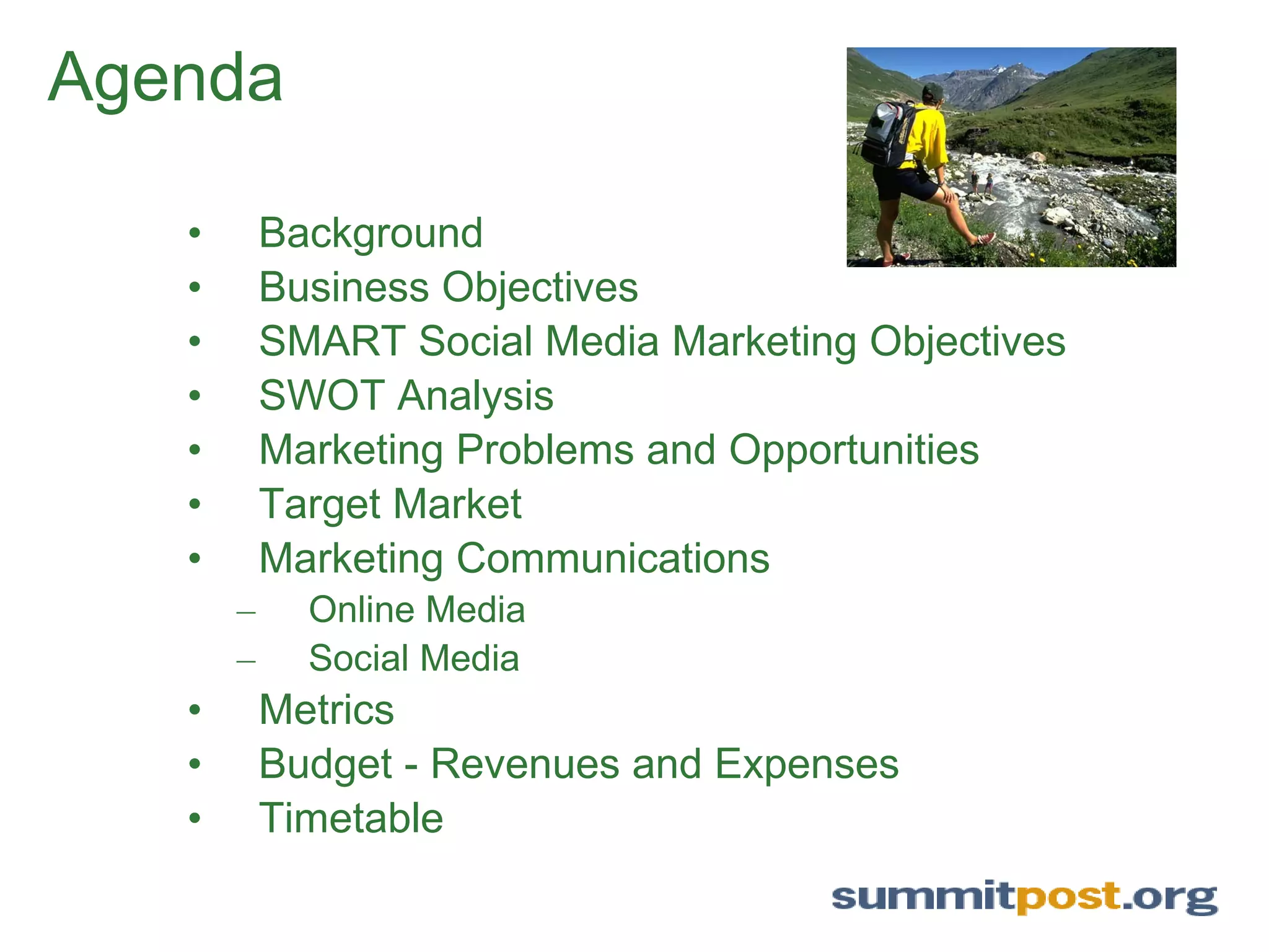   Agenda Background Business Objectives SMART Social Media Marketing Objectives SWOT Analysis Marketing Problems and Opportunities Target Market Marketing Communications Online Media Social Media Metrics Budget - Revenues and Expenses Timetable   