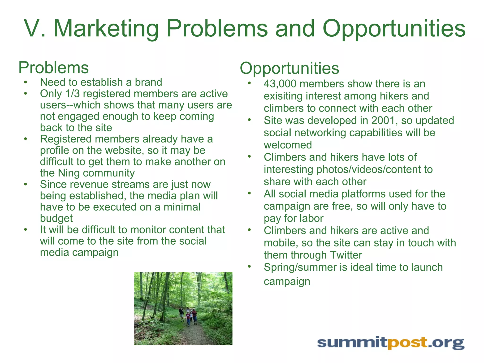 V. Marketing Problems and Opportunities Problems Need to establish a brand Only 1/3 registered members are active users--which shows that many users are not engaged enough to keep coming back to the site Registered members already have a profile on the website, so it may be difficult to get them to make another on the Ning community Since revenue streams are just now being established, the media plan will have to be executed on a minimal budget It will be difficult to monitor content that will come to the site from the social media campaign Opportunities 43,000 members show there is an exisiting interest among hikers and climbers to connect with each other Site was developed in 2001, so updated social networking capabilities will be welcomed Climbers and hikers have lots of interesting photos/videos/content to share with each other All social media platforms used for the campaign are free, so will only have to pay for labor Climbers and hikers are active and mobile, so the site can stay in touch with them through Twitter Spring/summer is ideal time to launch campaign   
