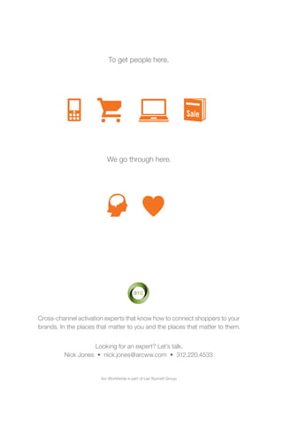 To get people here.




                          We go through here.




Cross-channel activation experts that know how to connect shoppers to your
brands. In the places that matter to you and the places that matter to them.


                   Looking for an expert? Let’s talk.
         Nick Jones • nick.jones@arcww.com • 312.220.4533


                       Arc Worldwide is part of Leo Burnett Group.
 