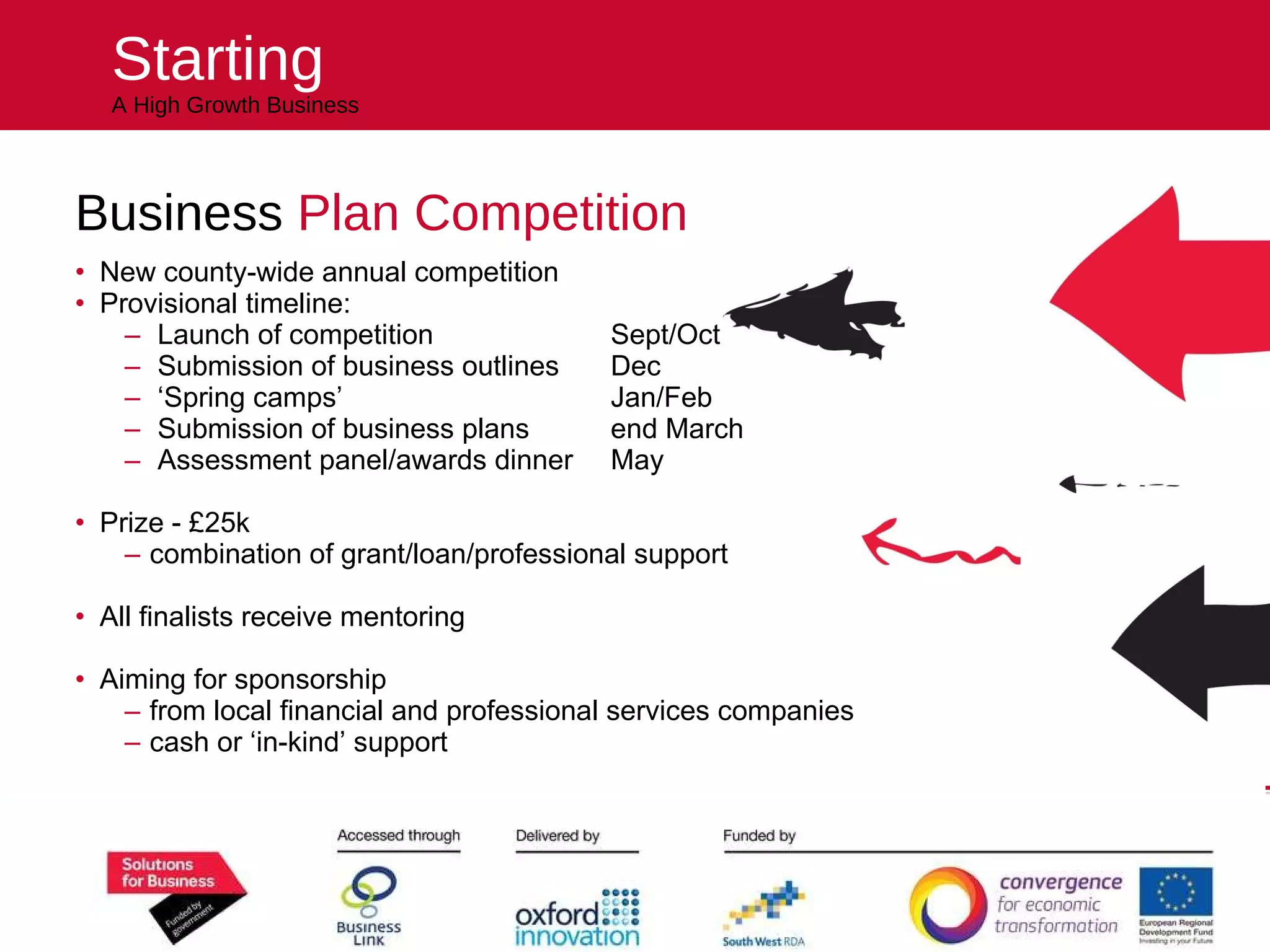 Starting A High Growth Business Business  Plan Competition New county-wide annual competition Provisional timeline: Launch of competition Sept/Oct Submission of business outlines Dec ‘ Spring camps’ Jan/Feb Submission of business plans end March Assessment panel/awards dinner May Prize - £25k combination of grant/loan/professional support All finalists receive mentoring Aiming for sponsorship  from local financial and professional services companies cash or ‘in-kind’ support Helping you kick start your future 