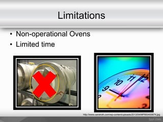 Limitations
• Non-operational Ovens
• Limited time
http://www.carolroth.com/wp-content/uploads/2013/04/MP900400674.jpg
 
