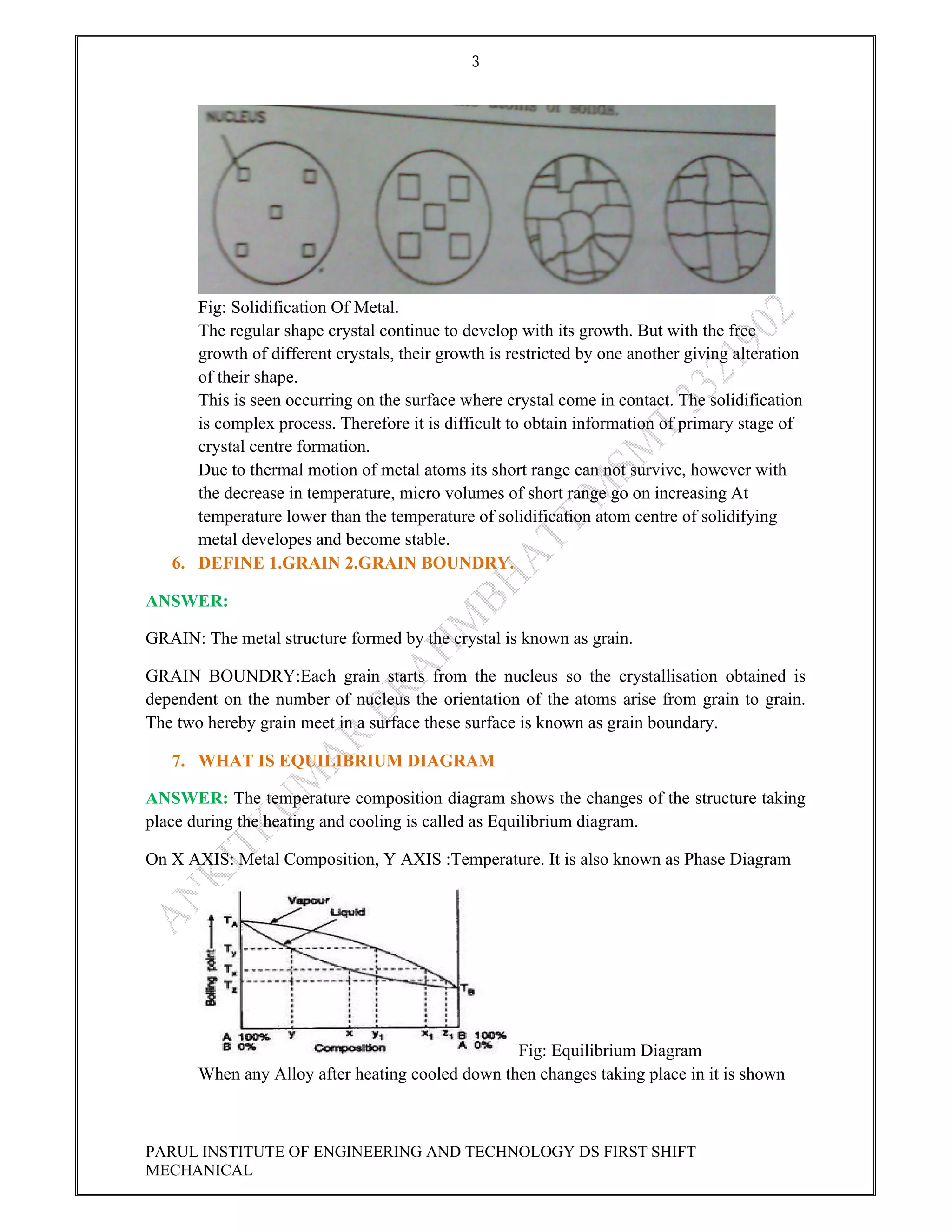 3
PARUL INSTITUTE OF ENGINEERING AND TECHNOLOGY DS FIRST SHIFT
MECHANICAL
Fig: Solidification Of Metal.
The regular shape crystal continue to develop with its growth. But with the free
growth of different crystals, their growth is restricted by one another giving alteration
of their shape.
This is seen occurring on the surface where crystal come in contact. The solidification
is complex process. Therefore it is difficult to obtain information of primary stage of
crystal centre formation.
Due to thermal motion of metal atoms its short range can not survive, however with
the decrease in temperature, micro volumes of short range go on increasing At
temperature lower than the temperature of solidification atom centre of solidifying
metal developes and become stable.
6. DEFINE 1.GRAIN 2.GRAIN BOUNDRY.
ANSWER:
GRAIN: The metal structure formed by the crystal is known as grain.
GRAIN BOUNDRY:Each grain starts from the nucleus so the crystallisation obtained is
dependent on the number of nucleus the orientation of the atoms arise from grain to grain.
The two hereby grain meet in a surface these surface is known as grain boundary.
7. WHAT IS EQUILIBRIUM DIAGRAM
ANSWER: The temperature composition diagram shows the changes of the structure taking
place during the heating and cooling is called as Equilibrium diagram.
On X AXIS: Metal Composition, Y AXIS :Temperature. It is also known as Phase Diagram
Fig: Equilibrium Diagram
When any Alloy after heating cooled down then changes taking place in it is shown
 