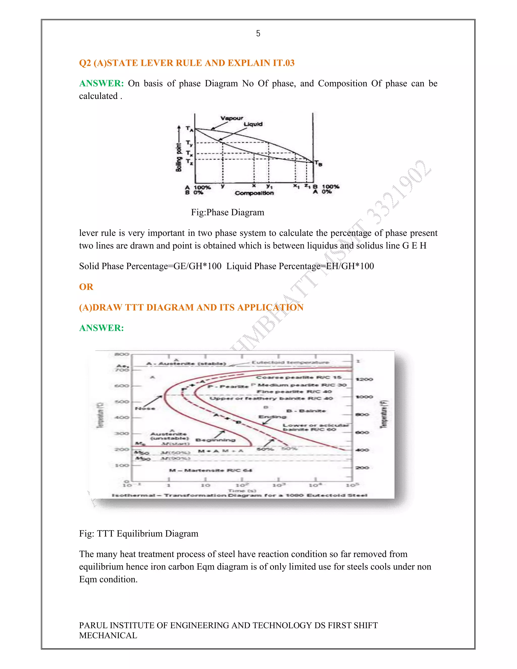 5
PARUL INSTITUTE OF ENGINEERING AND TECHNOLOGY DS FIRST SHIFT
MECHANICAL
Q2 (A)STATE LEVER RULE AND EXPLAIN IT.03
ANSWER: On basis of phase Diagram No Of phase, and Composition Of phase can be
calculated .
Fig:Phase Diagram
lever rule is very important in two phase system to calculate the percentage of phase present
two lines are drawn and point is obtained which is between liquidus and solidus line G E H
Solid Phase Percentage=GE/GH*100 Liquid Phase Percentage=EH/GH*100
OR
(A)DRAW TTT DIAGRAM AND ITS APPLICATION
ANSWER:
Fig: TTT Equilibrium Diagram
The many heat treatment process of steel have reaction condition so far removed from
equilibrium hence iron carbon Eqm diagram is of only limited use for steels cools under non
Eqm condition.
 