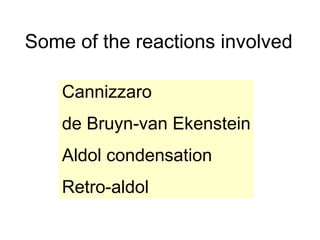 Some of the reactions involved Cannizzaro de Bruyn-van Ekenstein Aldol condensation Retro-aldol 