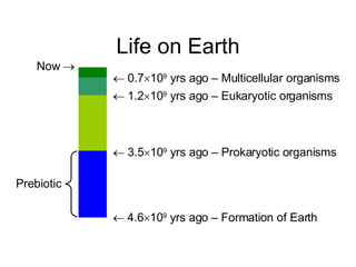 Life on Earth    4.6  10 9  yrs ago  –  Formation of Earth    3.5  10 9  yrs ago  –  Prokaryotic organisms Now      1.2  10 9  yrs ago  –  Eukaryotic organisms    0.7  10 9  yrs ago  –  Multicellular organisms Prebiotic 