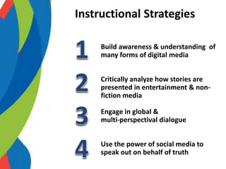 Build awareness & understanding of
many forms of digital media
Critically analyze how stories are
presented in entertainment & non-
fiction media
Engage in global &
multi-perspectival dialogue
Use the power of social media to
speak out on behalf of truth
Instructional Strategies
 