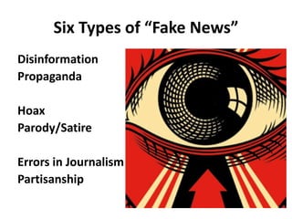 Six Types of “Fake News”
Disinformation
Propaganda
Hoax
Parody/Satire
Errors in Journalism
Partisanship
 