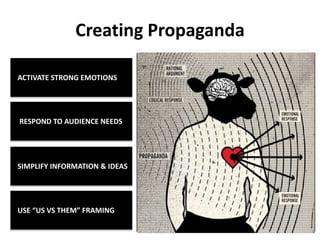 Creating Propaganda
Hoaxes
Parody/Satire
ACTIVATE STRONG EMOTIONS
USE “US VS THEM” FRAMING
SIMPLIFY INFORMATION & IDEAS
RESPOND TO AUDIENCE NEEDS
 