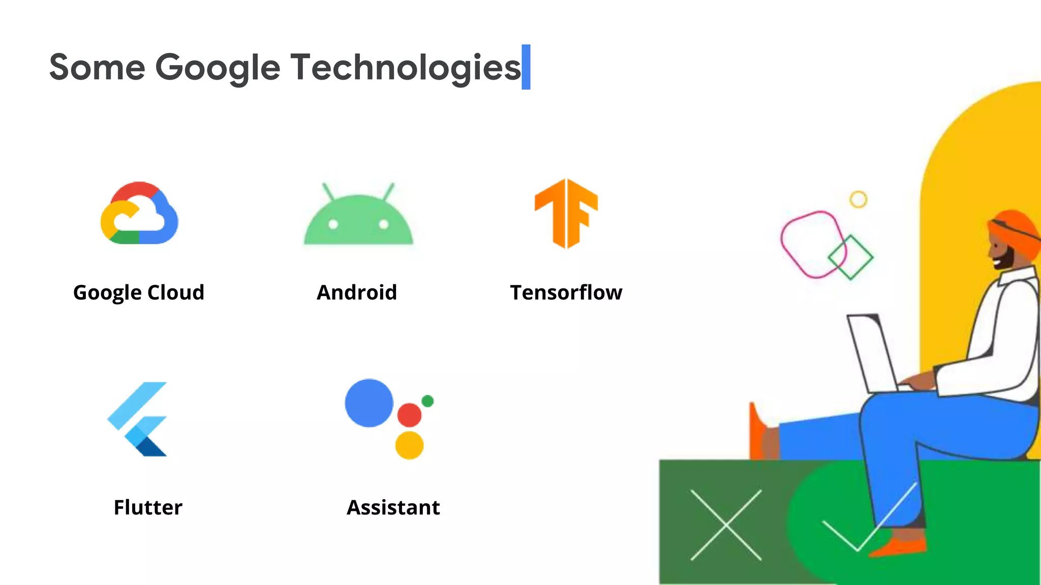 Some Google Technologies
Google Cloud Android Tensorflow
Flutter Assistant
 