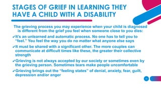 13
The grieving process you may experience when your child is diagnosed
is different from the grief you feel when someone close to you dies:
✔It’s an unlearned and automatic process. No one has to tell you to
“feel.” You feel the way you do no matter what anyone else says
✔It must be shared with a significant other. The more couples can
communicate at difficult times like these, the greater their collective
strength
✔Grieving is not always accepted by our society or sometimes even by
the grieving person. Sometimes tears make people uncomfortable
✔Grieving brings out the “feeling states” of denial, anxiety, fear, guilt,
depression and/or anger
STAGES OF GRIEF IN LEARNING THEY
HAVE A CHILD WITH A DISABILITY
 