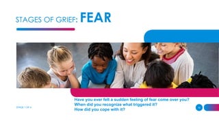 STAGES OF GRIEF: FEAR
STAGE 1 OF 4 15
Have you ever felt a sudden feeling of fear come over you?
When did you recognize what triggered it?
How did you cope with it?
 