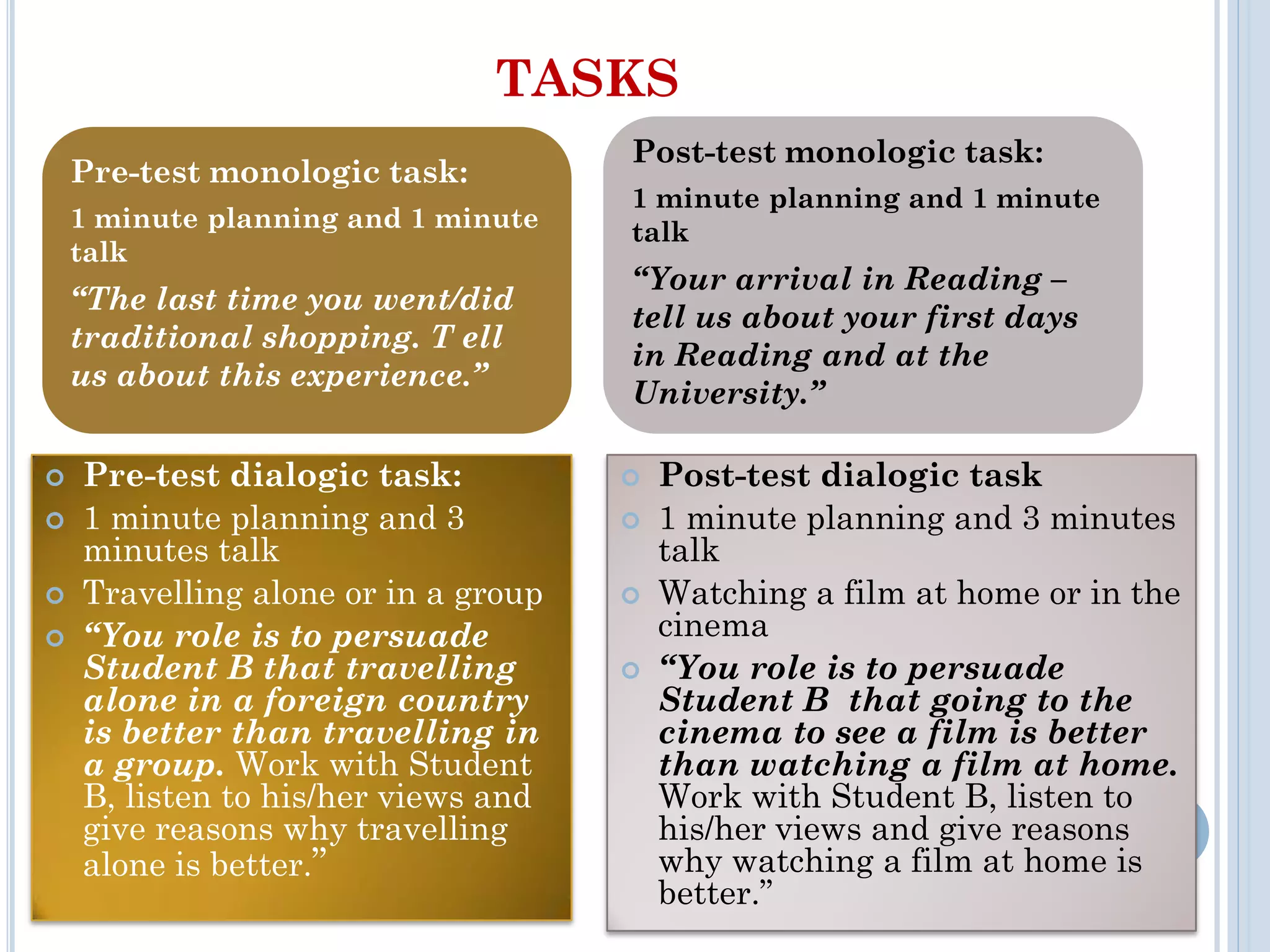 TASKS
 Pre-test dialogic task:
 1 minute planning and 3
minutes talk
 Travelling alone or in a group
 “You role is to persuade
Student B that travelling
alone in a foreign country
is better than travelling in
a group. Work with Student
B, listen to his/her views and
give reasons why travelling
alone is better.”
 Post-test dialogic task
 1 minute planning and 3 minutes
talk
 Watching a film at home or in the
cinema
 “You role is to persuade
Student B that going to the
cinema to see a film is better
than watching a film at home.
Work with Student B, listen to
his/her views and give reasons
why watching a film at home is
better.”
Pre-test monologic task:
1 minute planning and 1 minute
talk
“The last time you went/did
traditional shopping. T ell
us about this experience.”
Post-test monologic task:
1 minute planning and 1 minute
talk
“Your arrival in Reading –
tell us about your first days
in Reading and at the
University.”
 